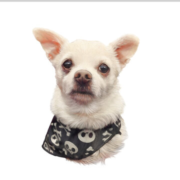 White Chihuahua dog with pirate bandana isolated on white background. Drawing of Head of toy terrier. Animal art collection: Dogs. Portrait of Cute puppy. Hand Painted Illustration of Pet.