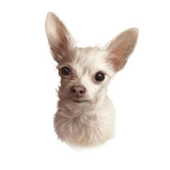White Chihuahua dog isolated on white background. Drawing of Head of a toy terrier. Animal art collection: Dogs. Realistic Portrait of a Cute puppy. Hand Painted Illustration of Pets. Design template