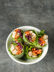 Vegetable spring roll, fresh roll salad made from mix vegetables and roasted chicken. 