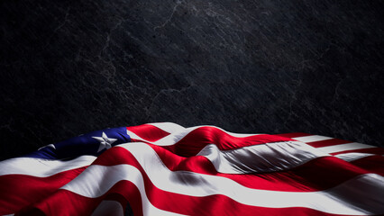 Premium Banner for Patriot Day with American Flag, Black Stone Background and Copy-Space.