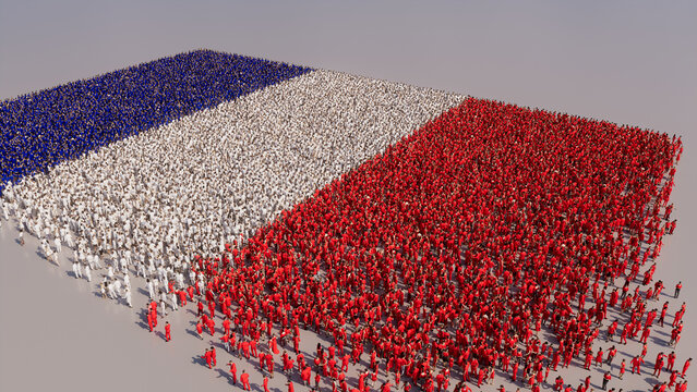 Aerial view of a Crowd of People, gathering to form the Flag of France. French Banner on White Background.