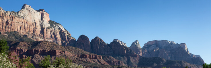 Panoramic View of American Mountain Landscape. Sunny Morning Sky. Zion National Park, Utah, United States of America. Nature Background Panorama