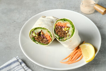 Salad Wrap. Tortilla wraps with beef teriyaki and fresh vegetables. 