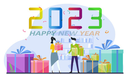  Happy New Year 2023 text. gift box. Suitable for the act of giving campaigns celebrate.