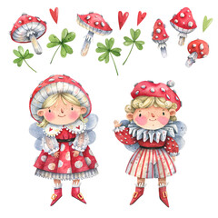 Cute cartoon characters in fly agaric costumes, clover leaves, fly agaric mushrooms hand drawn in aquarelle. Amanita, four leaf clover, fly agaric elves illustration.
