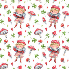 Cute cartoon fly agaric elf, fly agaric mushrooms and hearts, clover leaves cartoon seamless pattern. Kids style seamless background with watercolor illustrations.