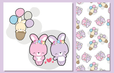 Flat cute bunny illustration for kids and pattern set
