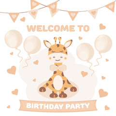 Cute baby boy giraffe. Birthday card invitation