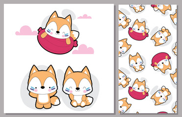 Flat cute fox illustration for kids and pattern set
