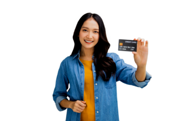 Cute and beautiful Asian confidential woman holding credit card for shopping and smile, positive natural lovely Thai girl teenager in jeans and yellow shirt isolated in studio..