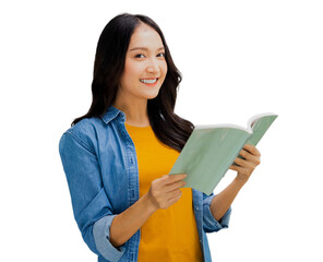 Happy and fun Asian woman holding book, funny girl student has attractive, actives and alert.