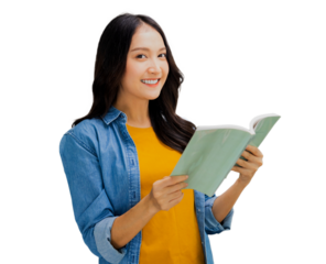 Happy and fun Asian woman holding book, funny girl student has attractive, actives and alert.