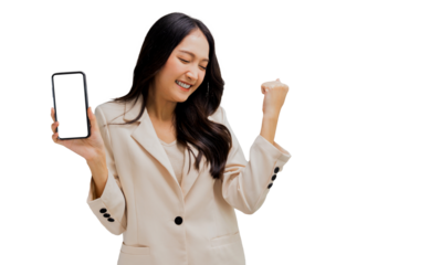 Cute and beautiful Asian confidential woman present and show mobile phone with white screen copy space, positive natural lovely Thai business girl teenager in suit isolated in studio.