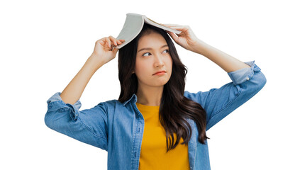 Beautiful Asian woman boring and   holding book on her head, tired and bored young girl student