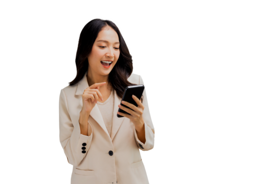 business woman clicks on the smartphone screen. isolated white background - Powered by Adobe