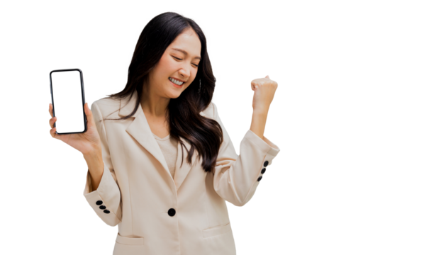 Cute and beautiful Asian confidential woman present and show mobile phone with white screen copy space, positive natural lovely Thai business girl teenager in suit isolated in studio.