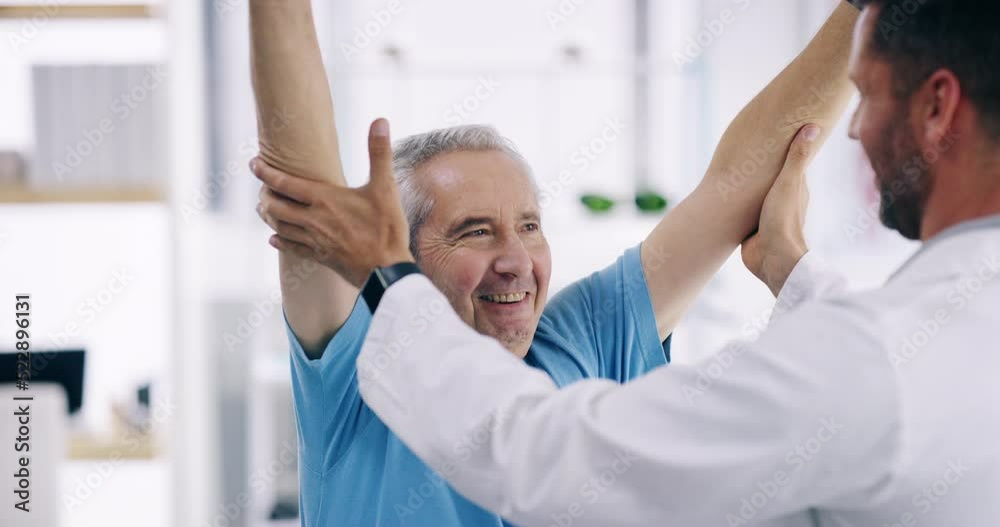 Sticker A physiotherapist consulting and showing support with mature patient. Happy health care worker motivating a senior male, practicing movement and exercise as recovery treatment after having a stroke