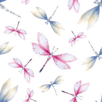 Watercolor hand drawn seamless pattern with illustration of colorful exotic dragonflies. Pink, blue, yellow, green elements isolated on white background. Spring wallpaper