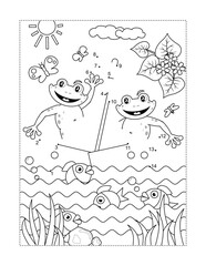 Frogs the sailors in a boat connect the dots full-page picture puzzle and coloring page 