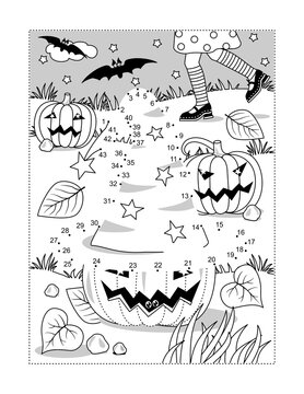 Halloween witch's hat dot-to-dot picture puzzle and coloring page with young witch chasing her hat lost at the pumpkin field.
