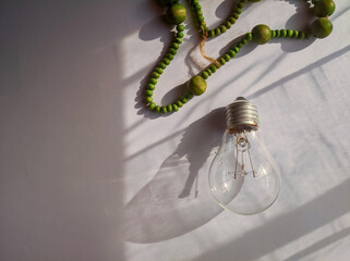 Flat lay photo of green tasbih seed and light bulbs