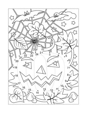 Halloween pumpkin dot-to-dot picture puzzle and coloring page with jack-o-lantern, spiderweb, bats, falling autumn leaves. 
