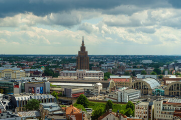 Obraz premium Cityscape of Riga, Latvia - View of Latvian Academy of Sciences and Riga Central Market