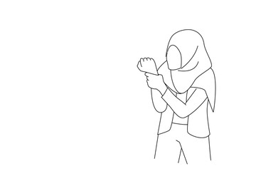 Cartoon of young muslim woman holding wrist or hand with pain, sickness concept CTS, wrist pain. Single continuous line art style