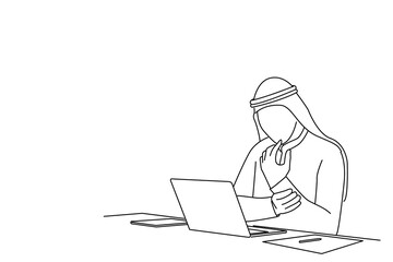 Fototapeta na wymiar Illustration of Exhausted Young Arab Man with Laptop having Wrist Pain. One line art style