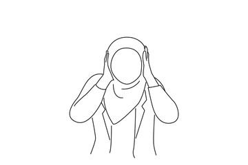 Illustration of frustrated asian muslim business woman hold her head, depressed anxiety gesture, close her ears. One line art style