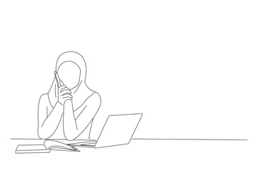 Drawing of unhappy arabic business woman in hijab suffering from toothache and cavity, touching her cheek with miserable face. Single line art style