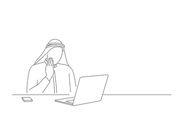 Cartoon of Arab Businessman Man having Toothache, Cavity. Continuous line art