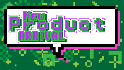 New Product Arrival. Pixelated word with geometric graphic background. Vector cartoon illustration.