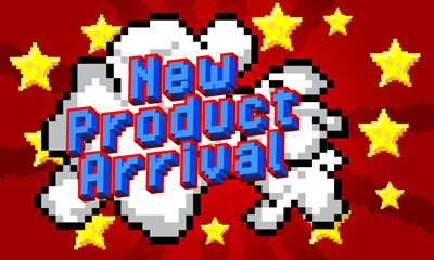 New Product Arrival. Pixelated word with geometric graphic background. Vector cartoon illustration.