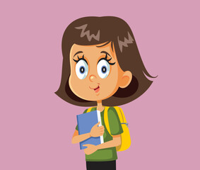 Happy Girl with School Bag and Textbooks Vector Cartoon. Happy schoolgirl ready for literature class going back to school
