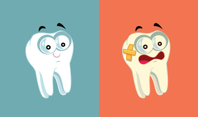 Healthy vs Unhealthy Molar Tooth Vector Cartoon Illustration. Happy and unhappy teeth oral health concept design
