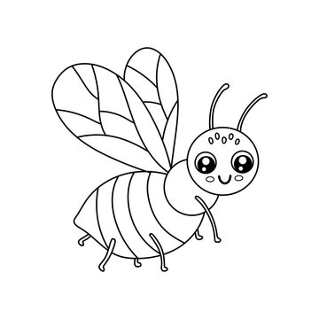 Cute outline honey bee isolated on white background. Funny insect for childish coloring book. Cartoon vector line illustration