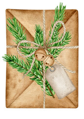 Rustic noel letter pine tree branch, empty tag and Christmas bell decoration. Watercolor holiday illustation.