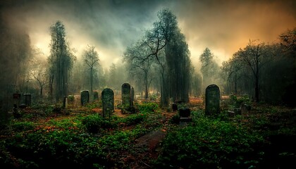 Realistic haunted forest spooky landscape at night. Fantasy Halloween forest background. Digital art.