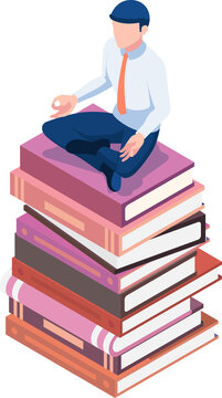 Isometric Businessman Doing Meditation in Lotus Pose on The Books Stack