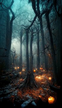 Realistic haunted forest spooky landscape at night. Fantasy Halloween forest background. Digital art.