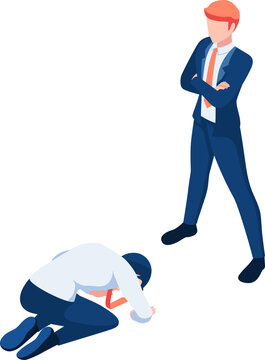 Isometric Businessman Prostrated in front of Business Leader