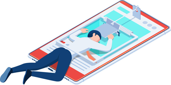 Isometric Businessman Trapped In A Mousetrap On Smartphone