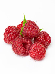 Isolated berries. Bunch of raspberry fruits with leaves isolated on white background with clipping path