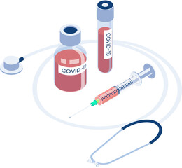 Isometric COVID-19 or coronavirus in vacuum tube vaccine with stethoscope and syringe