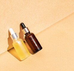 Gel cream or serum. A sample of a cosmetic product in glass bottles.