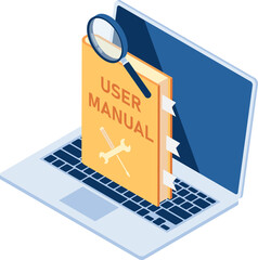 Isometric User Manual with Magnifying Glass on Laptop Monitor - obrazy, fototapety, plakaty