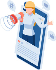 Isometric Woman Use Megaphone Promote Her Social Media on Smartphone