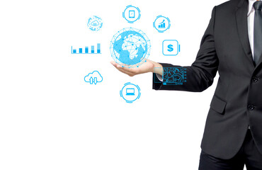 Businessman receiving hand with technology communication icon