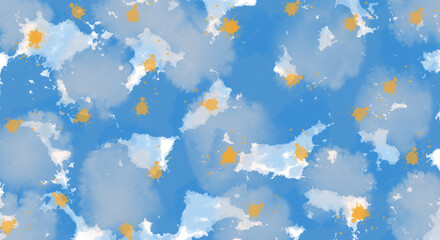 Cloudy Abstract Watercolor. Background Sky Blue, Yellow Splash. Splash textured background
